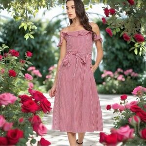 Mango Red and White Striped Off-Shoulder A-Line Dress
